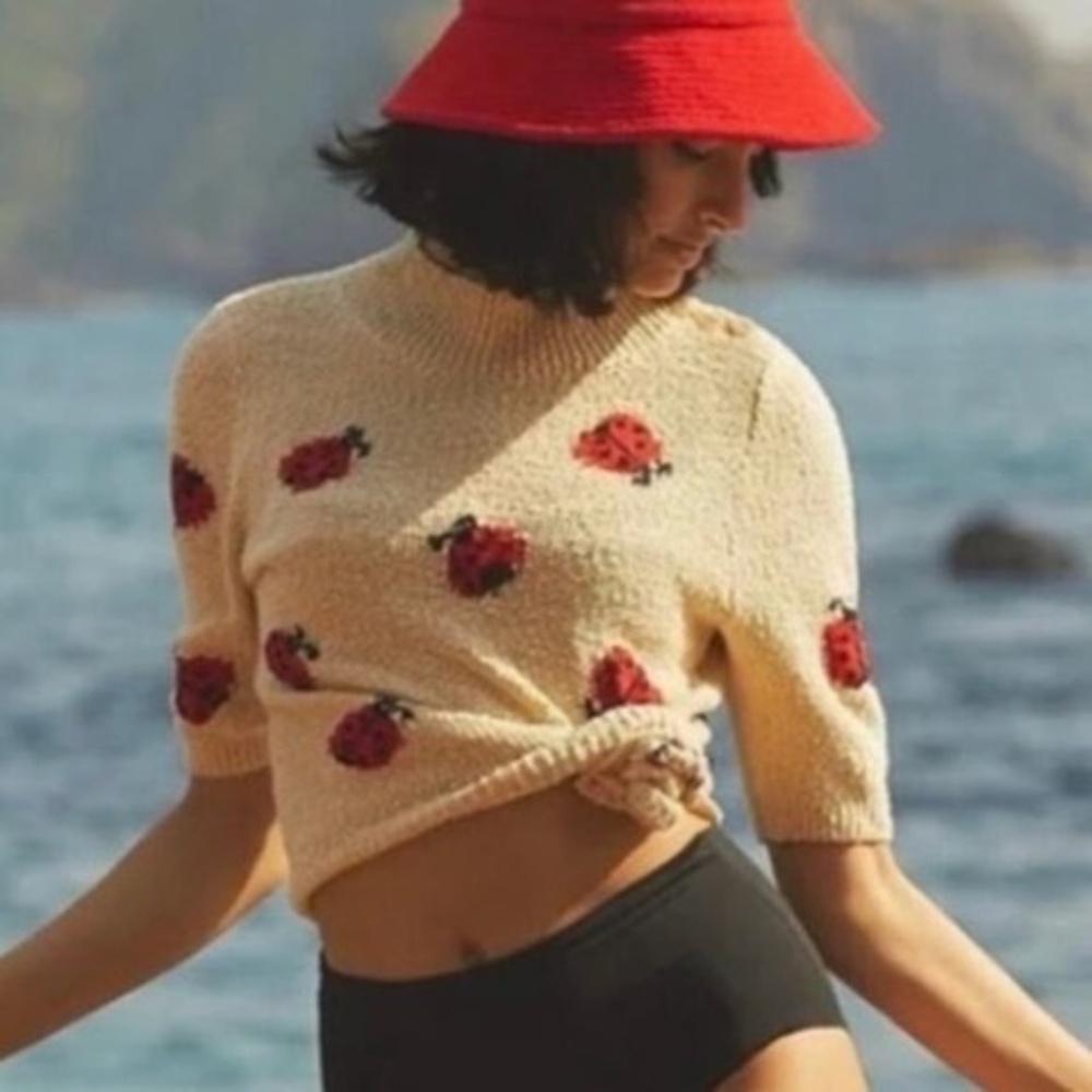 NWOT ~ Anthropologie Maeve Ladybug Short Puff Sleeve Sweater ~ Small